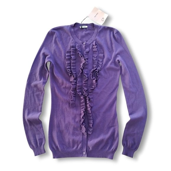 Miu Miu Virgin Wool Violet Ruffle Cardigan - Picture 2 of 10